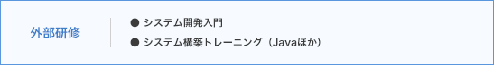 外部研修 ・システム開発入門 ・システム構築トレーニング（Javaほか）