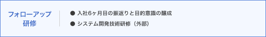 フォローアップ研修 ・入社6ヶ月目の振返りと目的意識の醸成 ・システム開発技術研修（外部）