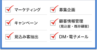 マーケティング,募集企画,キャンペーン,顧客情報管理（見込客・既存顧客）,見込み客抽出,DM・電子メール